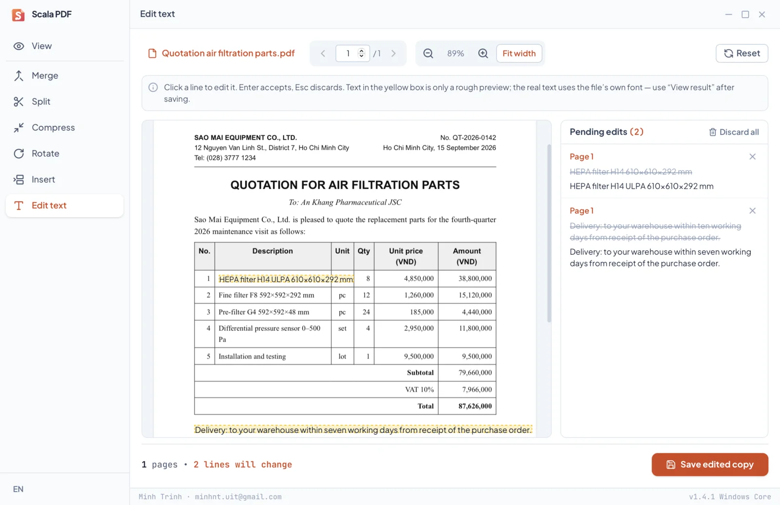 The Edit text tab with two edited lines on a quotation and the pending edits panel