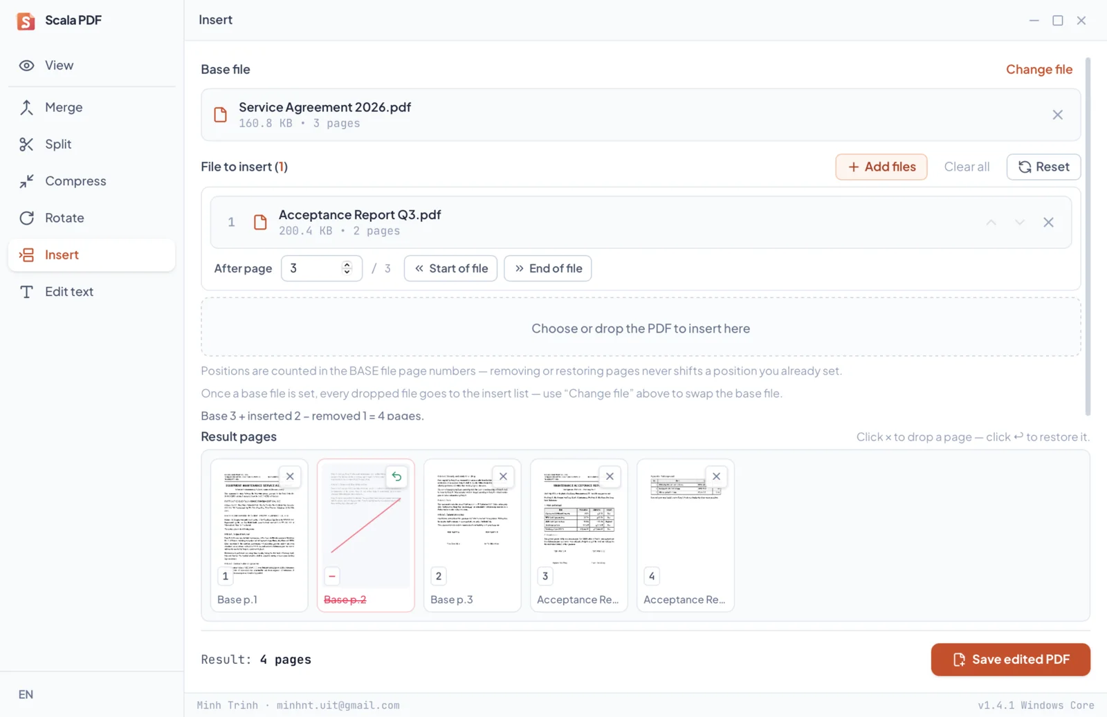 The Insert tab with a three-page base file, a two-page inserted file and one dropped page