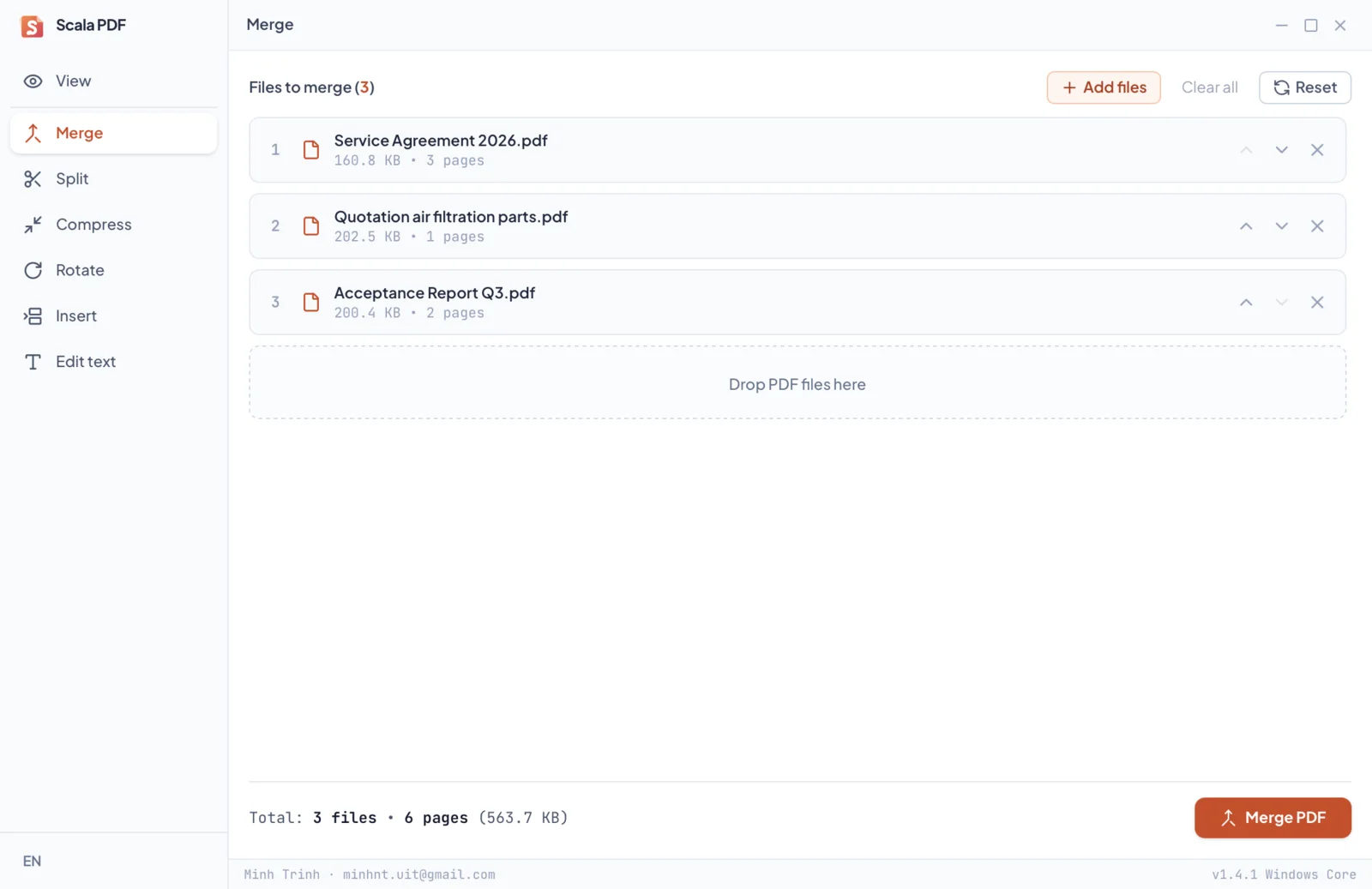 The Merge tab with three files in the list, six pages in total