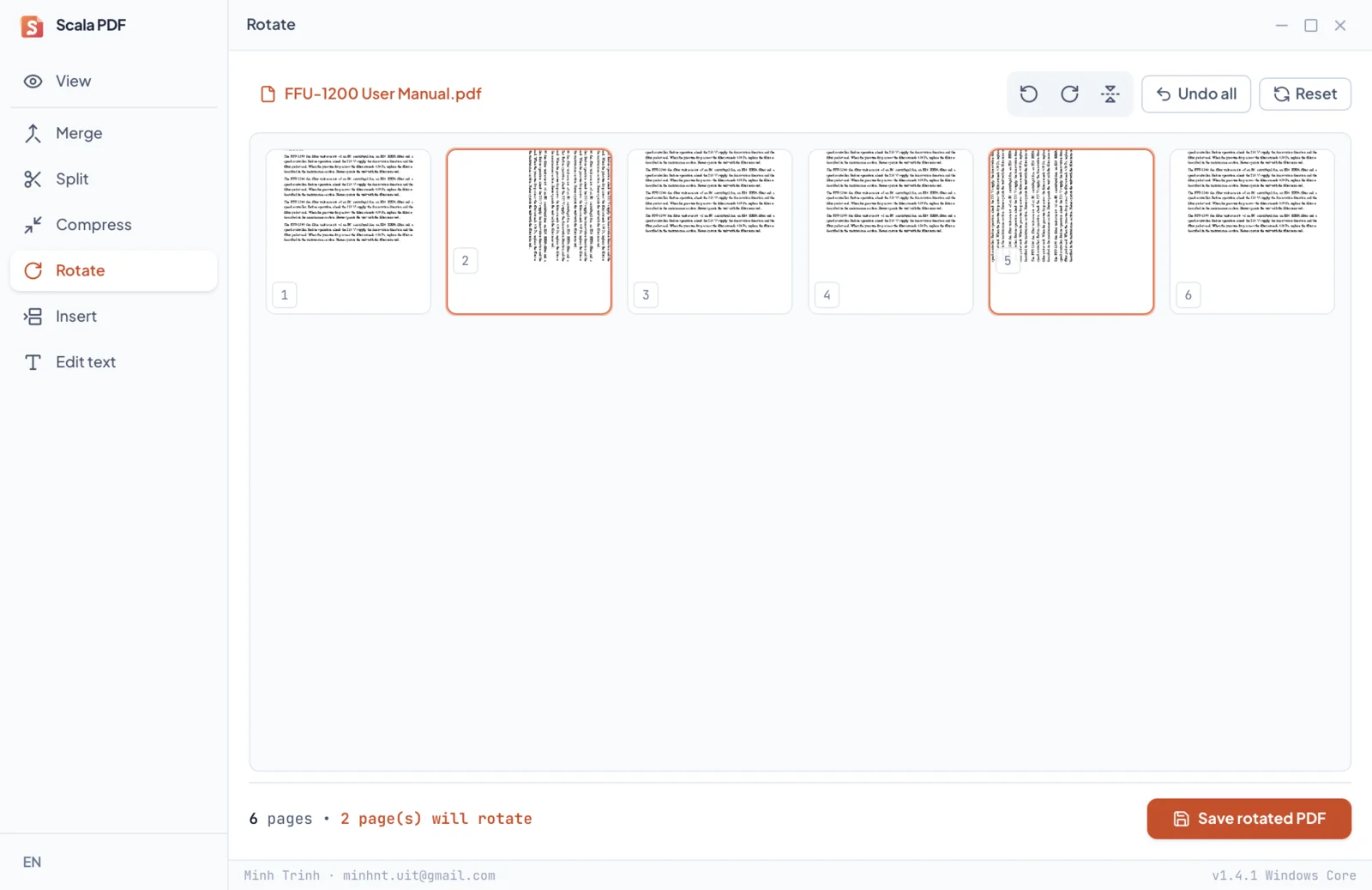 The Rotate tab with a grid of six pages, two of them marked for rotation
